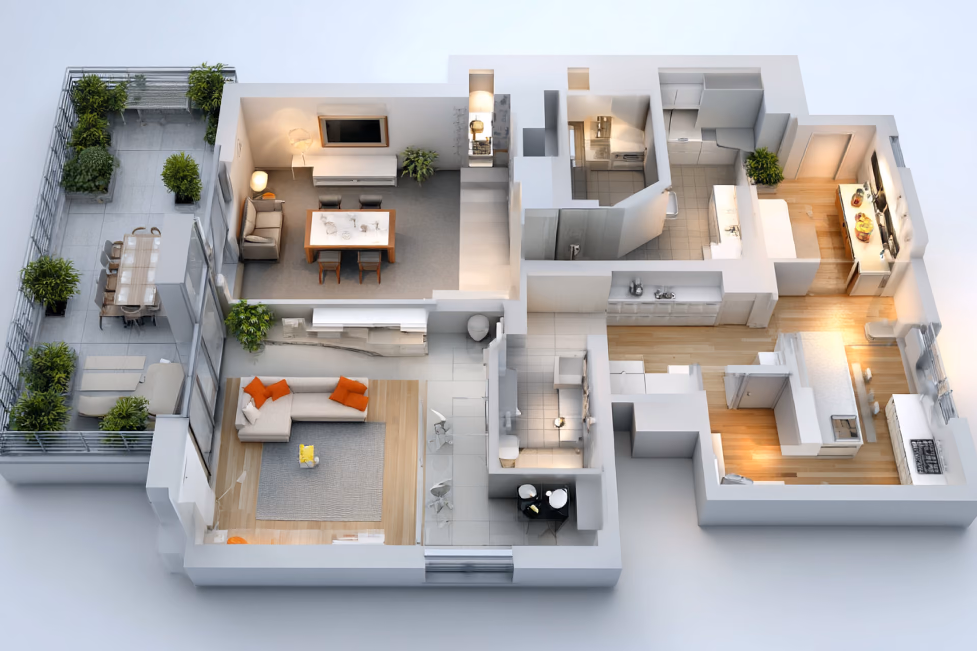 Detailed 3D floor plan rendering of a spacious multi-room apartment with terrace.