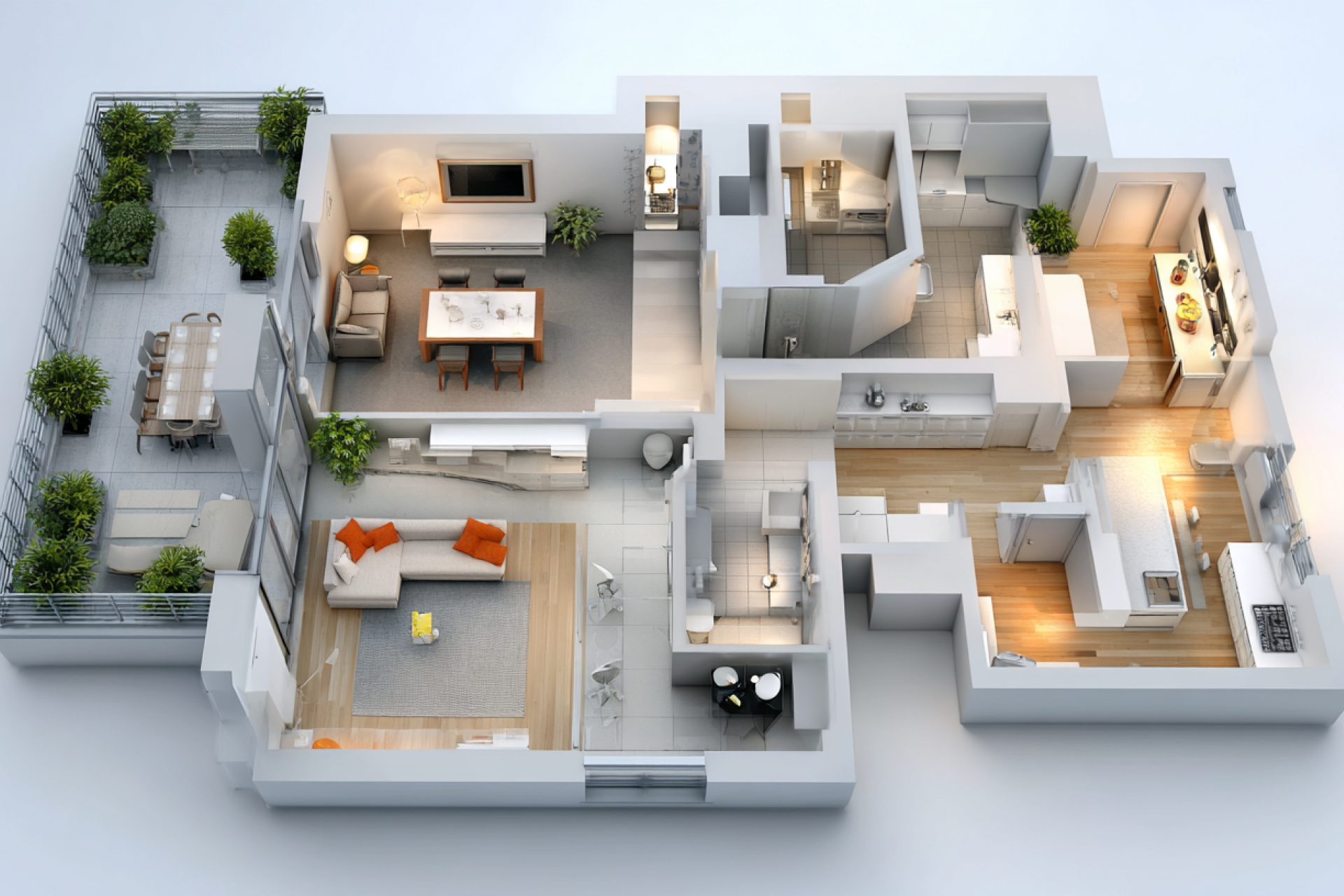Detailed 3D floor plan rendering of a spacious multi-room apartment with terrace.