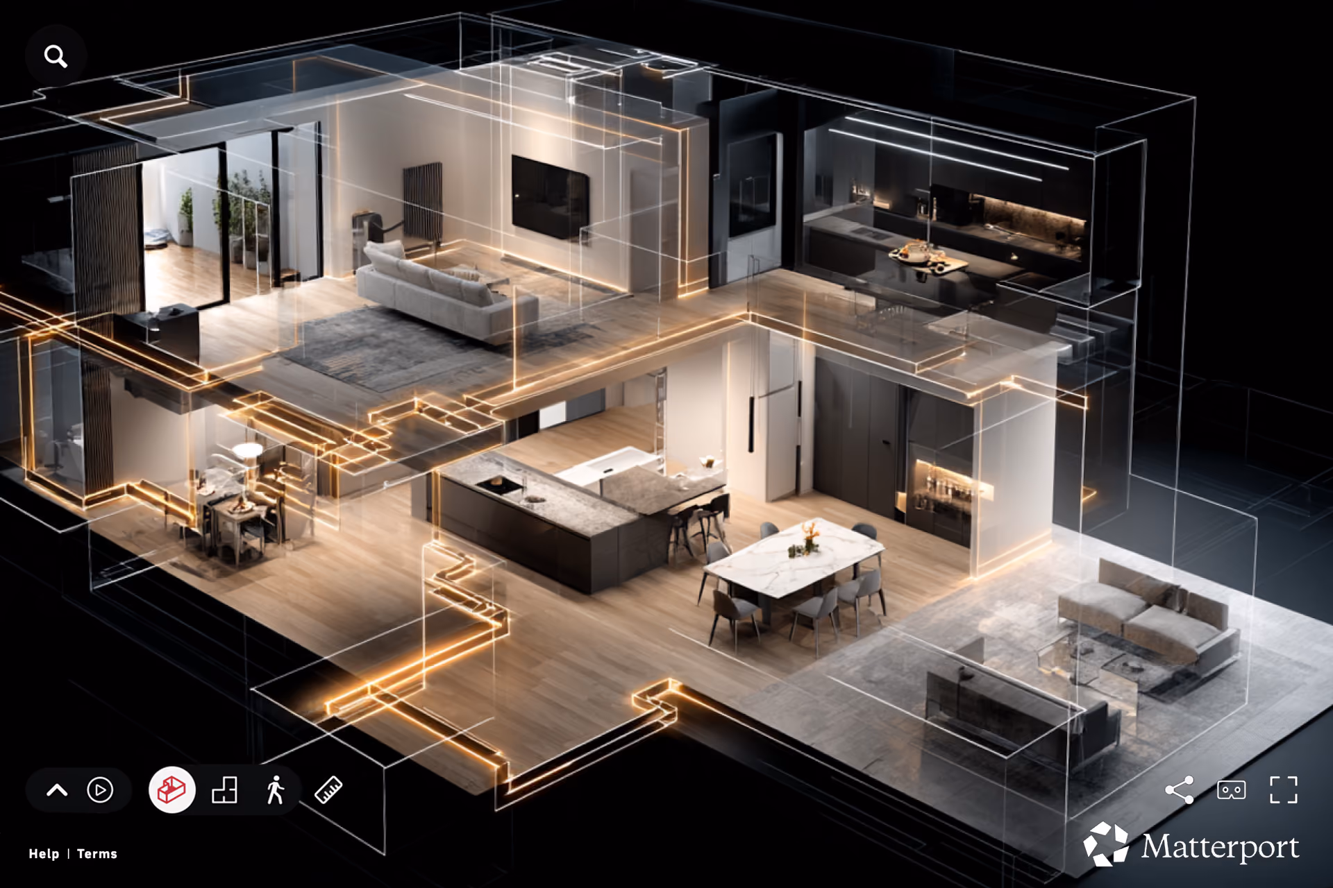 Immersive Matterport 3D virtual tour of a modern luxury apartment with interactive floor plan view.