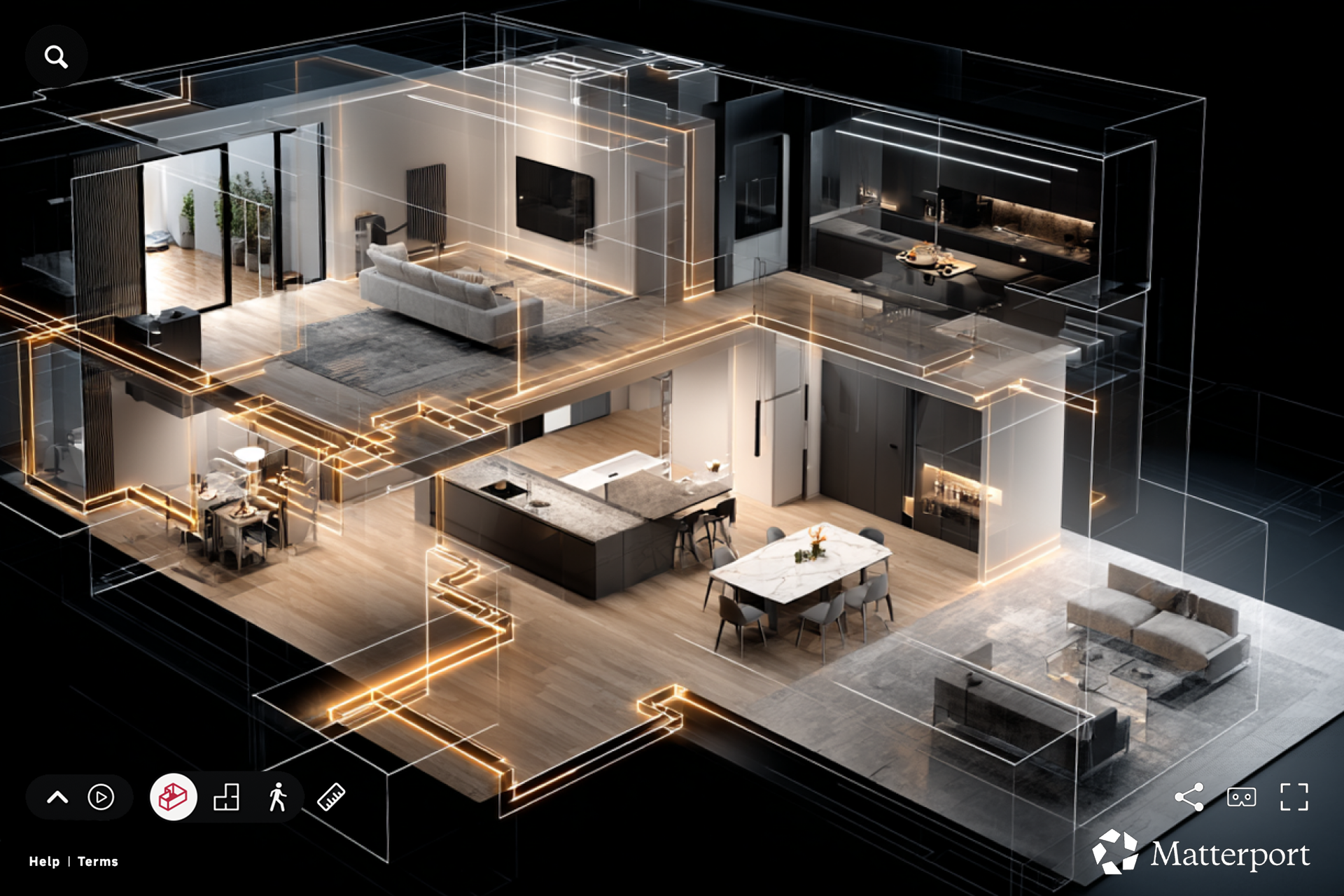 Immersive Matterport 3D virtual tour of a modern luxury apartment with interactive floor plan view.