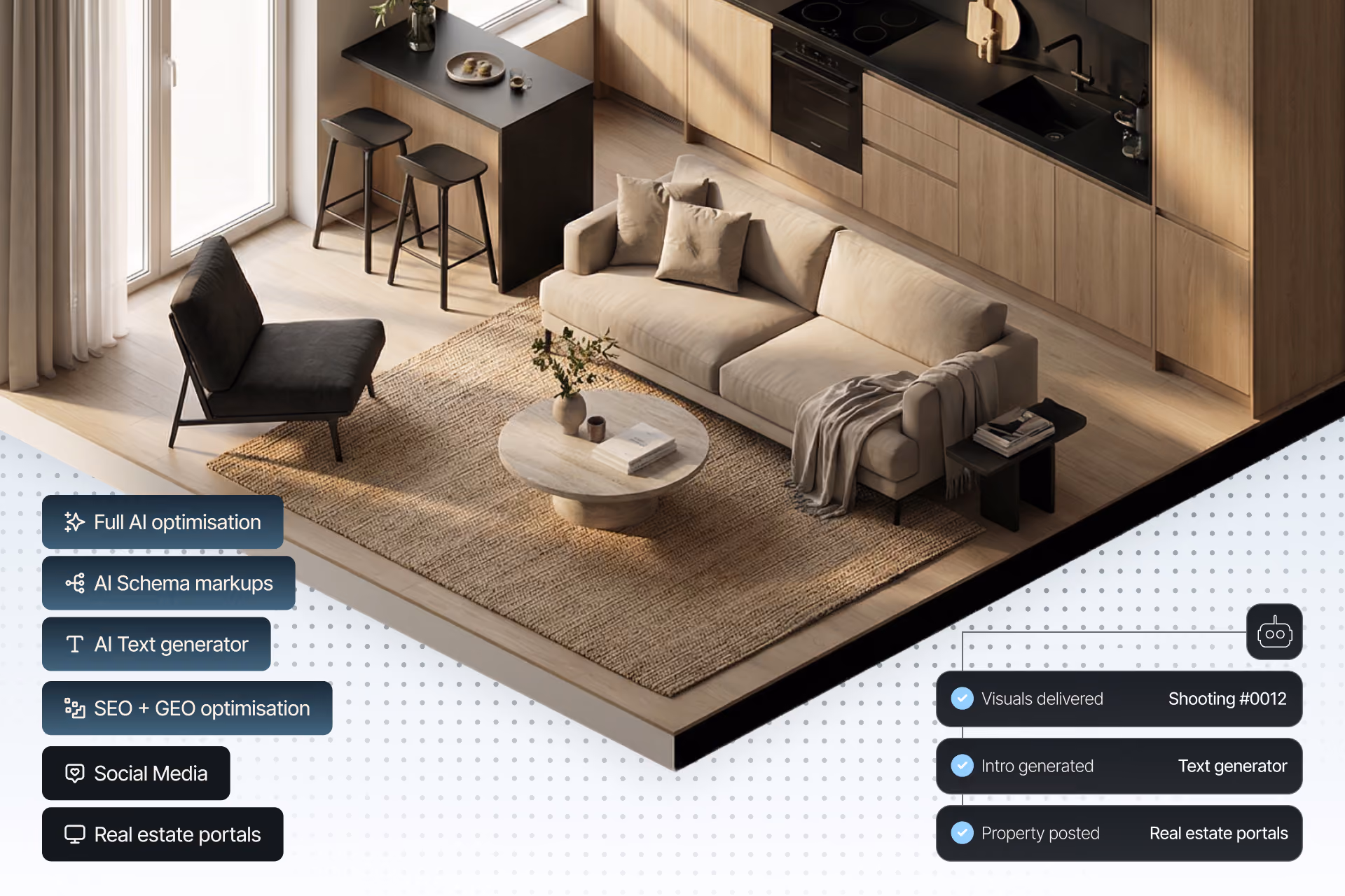 AI-gedreven vastgoedmarketingplatform voor geautomatiseerde tekstgeneratie, SEO-optimalisatie en verspreiding via meerdere kanalen.