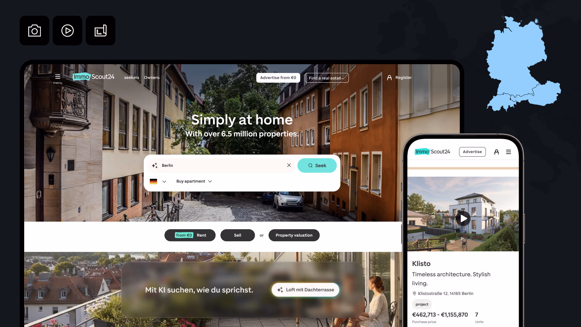 Backbone integrates professional property photos and floor plans directly into ImmoScout24 listings across Germany.