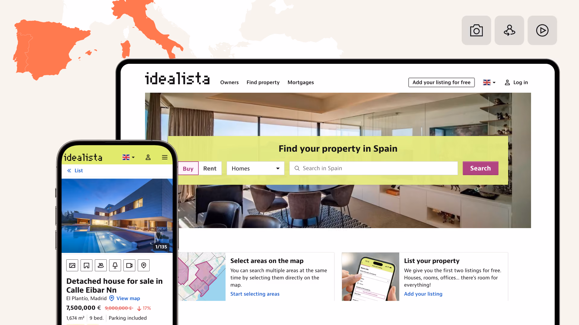 Backbone liefert professionelle Immobilienvisuals direkt in Idealista-Inserate in Spanien und Italien.