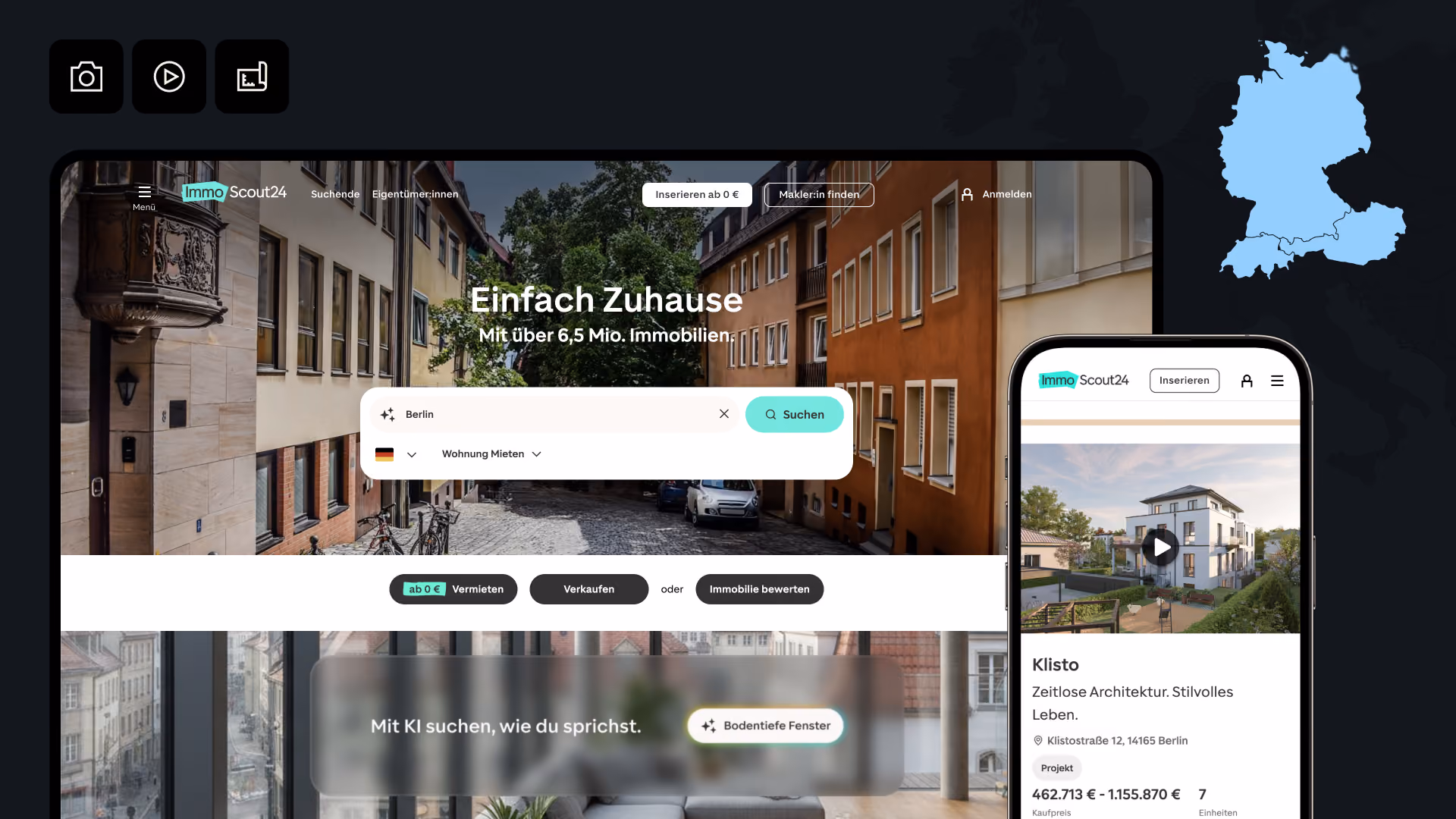 Backbone integriert professionelle Immobilienfotos und Grundrisse direkt in ImmoScout24-Inserate in ganz Deutschland.
