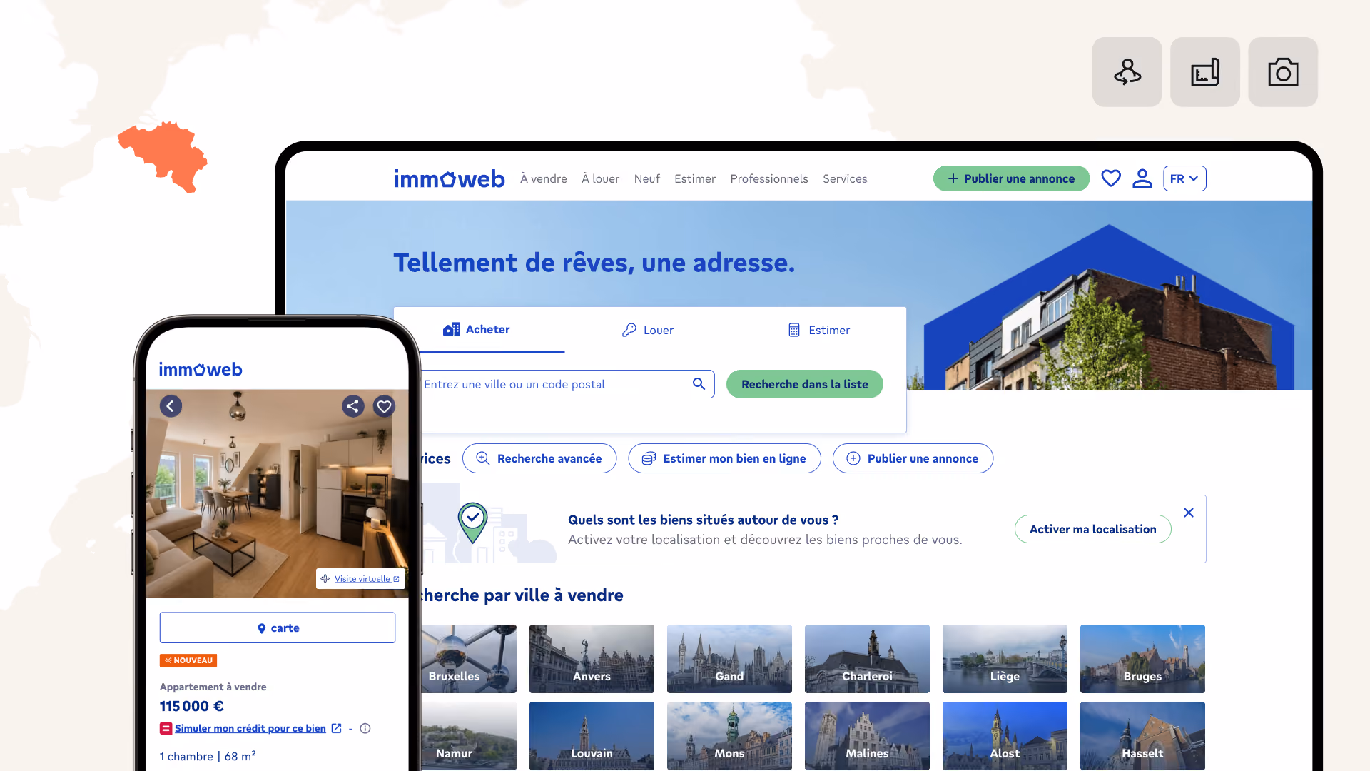 Backbone livre des visuels professionnels et des visites virtuelles directement dans les annonces Immoweb en Belgique.