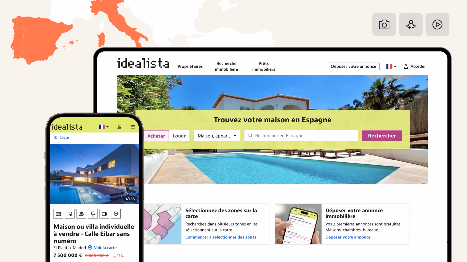 Backbone livre des visuels immobiliers professionnels directement dans les annonces Idealista en Espagne et en Italie.