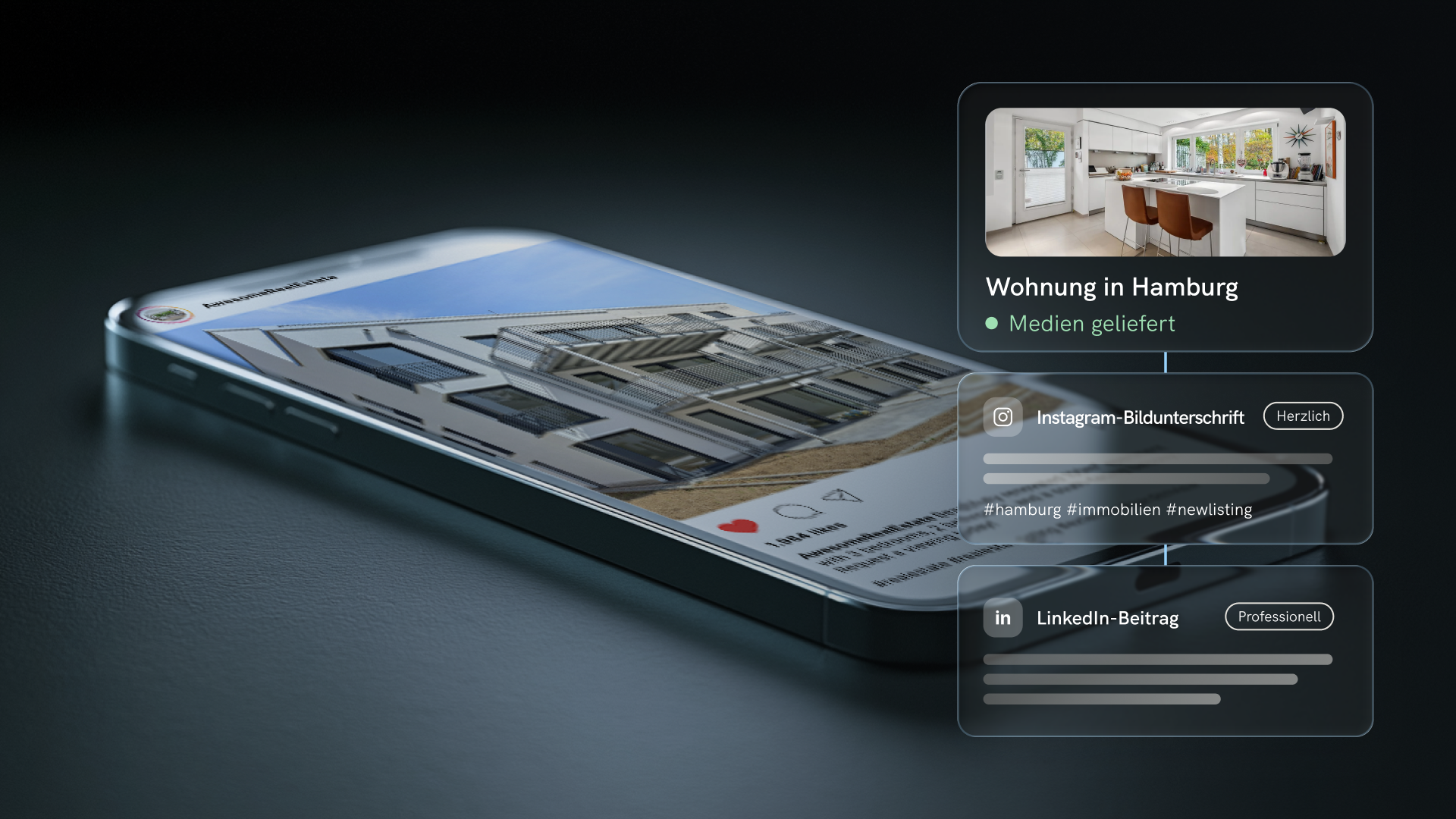KI-generierter LinkedIn-Beitrag für ein Hamburger Wohnungsangebot auf dem Smartphone