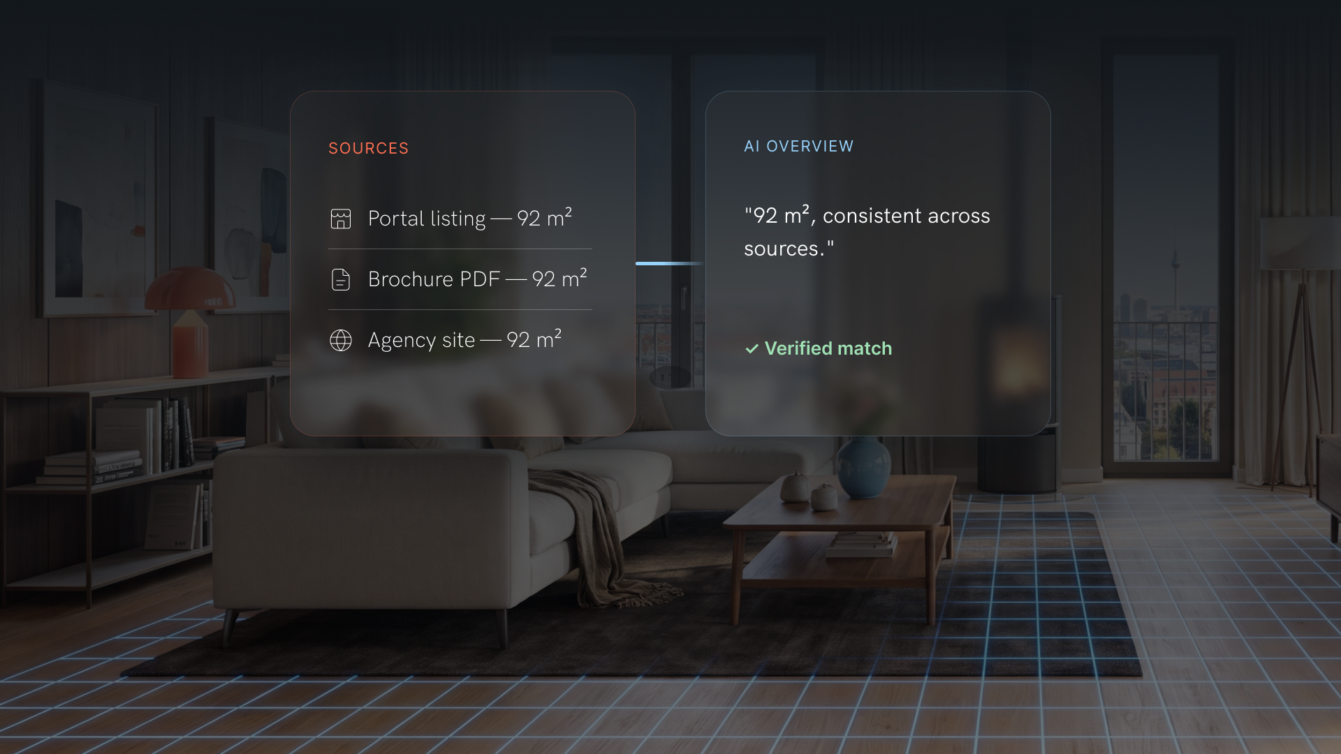Listing, brochure and agency site all showing 92 m² — a verified match in AI search results.