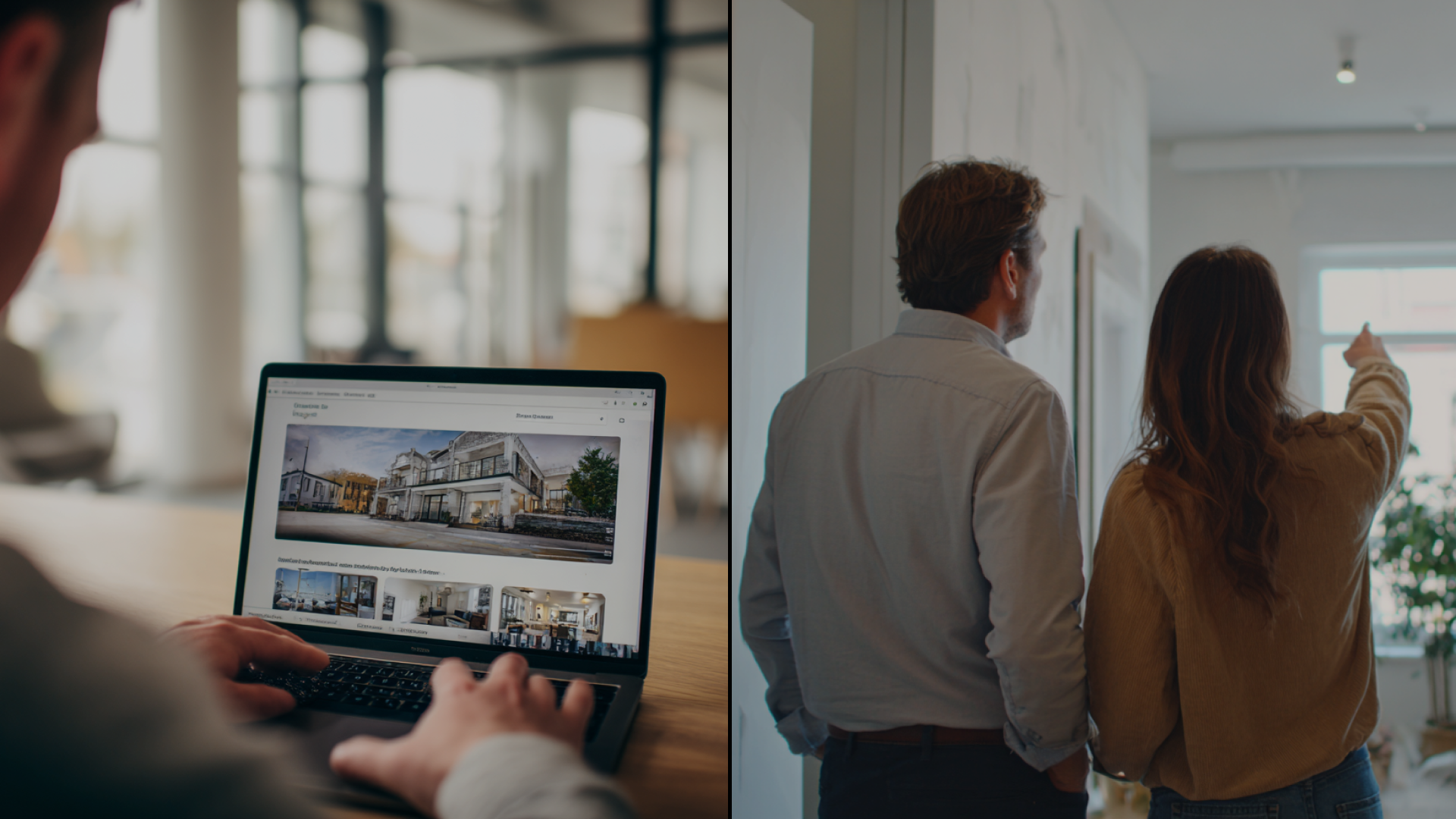 Split image of a real estate listing in a laptop and a property visit.