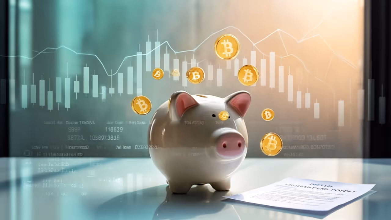 Piggy bank surrounded by Bitcoin symbols, set against a blurred cryptocurrency chart, representing pig butchering scams and fake investment platforms in the cryptocurrency space. 