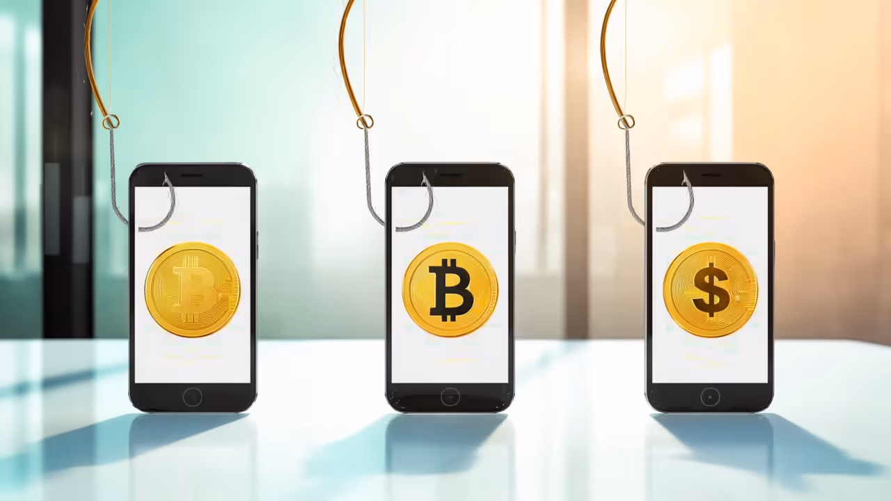 Illustration of mobile phones with cryptocurrency and dollar symbols being hooked by phishing lines, representing how pig butchering scams use fake investment apps and social engineering to lure victims into financial fraud.