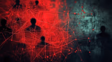 Abstract visual showing dark human silhouettes overlaid with red network lines representing the interconnected and often hidden nature of insider threats. The image illustrates how malicious, negligent, and compromised insiders move within enterprise systems, emphasizing the need for targeted strategies based on behavioral context and access risk. 
