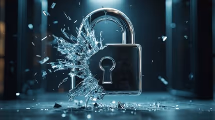 Shattered padlock symbolizing a breach in enterprise defenses, representing how fatigue-driven human error leads to system compromise, reputational damage, and operational disruption. Highlights the urgent need for proactive cybersecurity strategies like User Adaptive Risk Management to defend against evolving behavioral threats. 