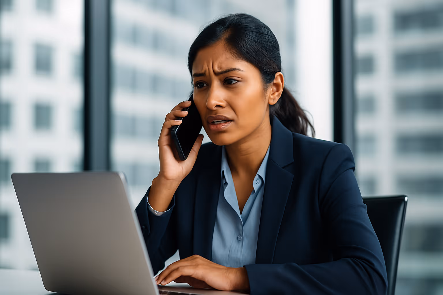 Business professional responding to a phone call while reviewing her laptop, illustrating how attackers escalate Business Email Compromise with urgent, multi-channel tactics like voice calls and real-time pressure.