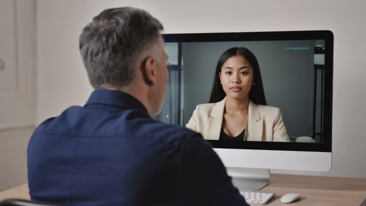 Remote video job interview highlighting vulnerabilities to deepfake impersonation.