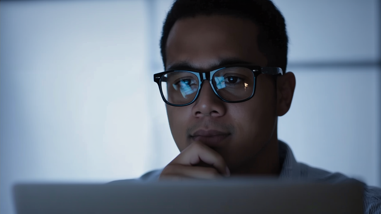 Professional reviewing a laptop screen in a dimly lit office, representing identity verification and deepfake detection challenges in remote hiring.
