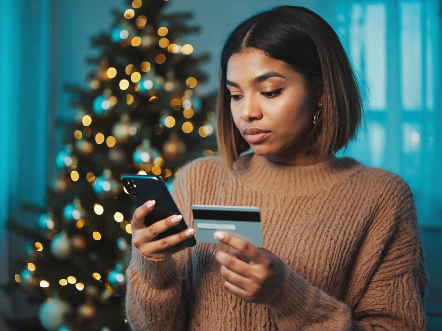 Employee sitting at home in front of a Christmas tree, holding a smartphone and credit card while reviewing an online payment, representing how holiday shopping scams and credit card fraud can spill over into the workplace and put company data at risk. 