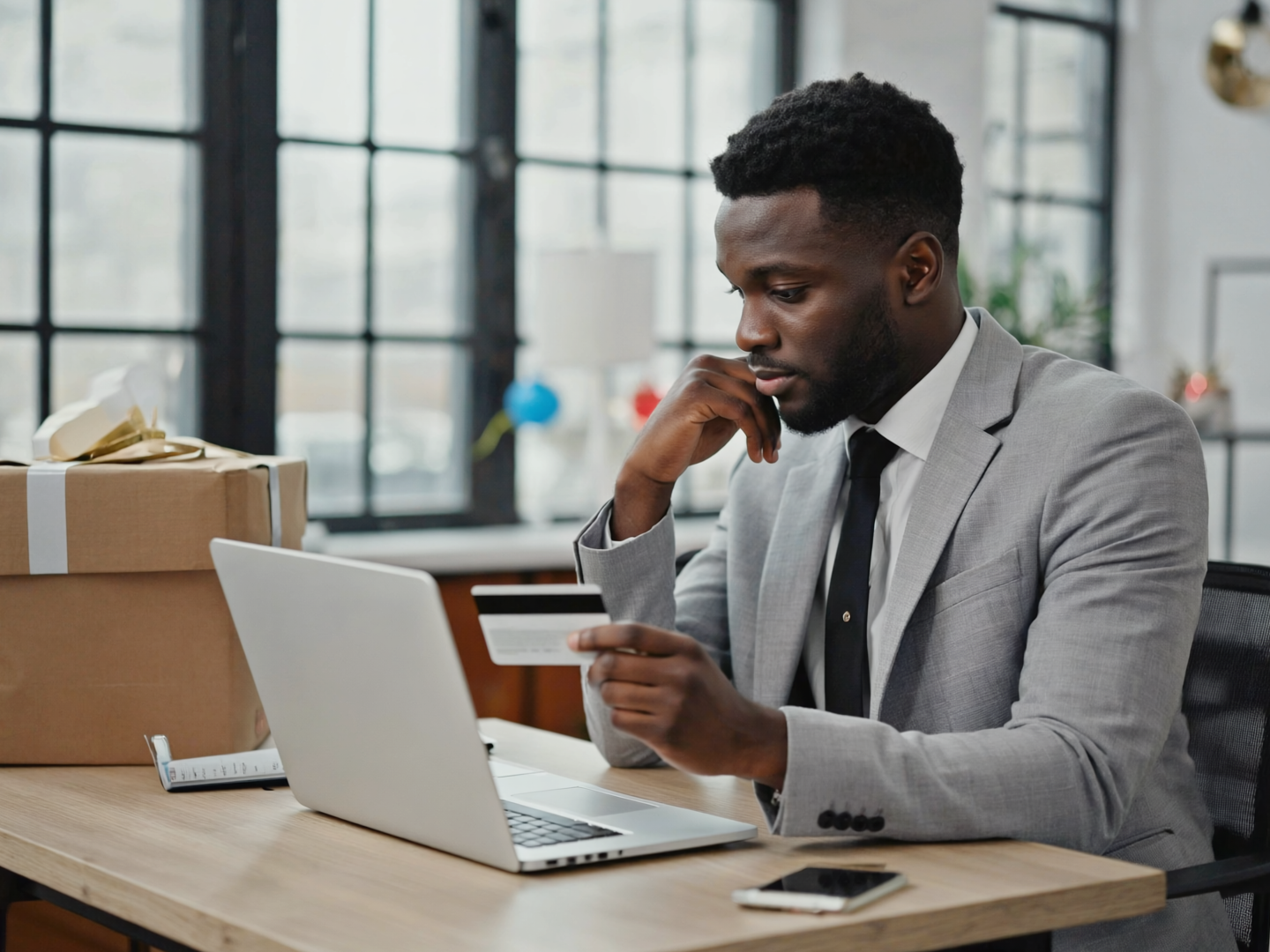 Man in an office holding a credit card while checking his laptop, with shipping boxes and subtle holiday decorations in the background, illustrating how workplace online shopping can increase exposure to seasonal scams and fraudulent payment requests.