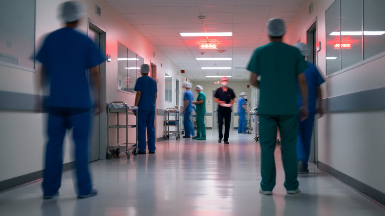Blurred hospital corridor with multiple healthcare staff in scrubs walking and working, viewed from the center of the hallway. Red emergency lights glow overhead, conveying a busy, high-pressure clinical environment with active hospital operations. 