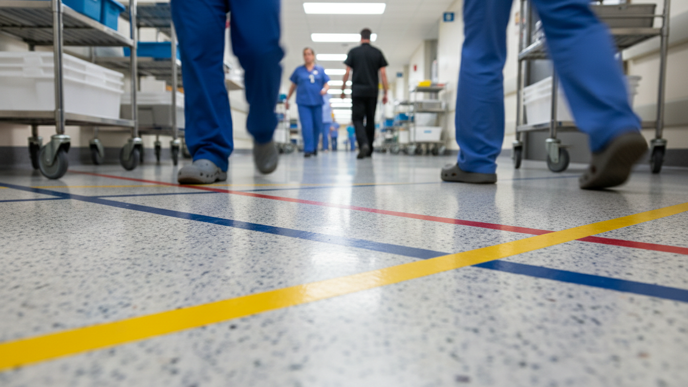 Low-angle view of a hospital corridor floor with colored guidance lines, as healthcare staff walk through the hallway in the background, showing active movement and day-to-day hospital operations.