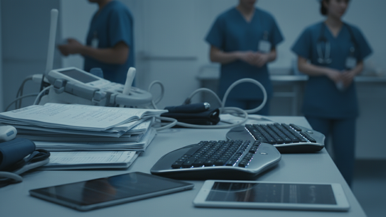 Close-up of a hospital workstation with keyboards, tablets, paperwork, and medical devices in the foreground, while healthcare staff in scrubs stand and work in the background as softly blurred figures, highlighting a technology-driven clinical environment.