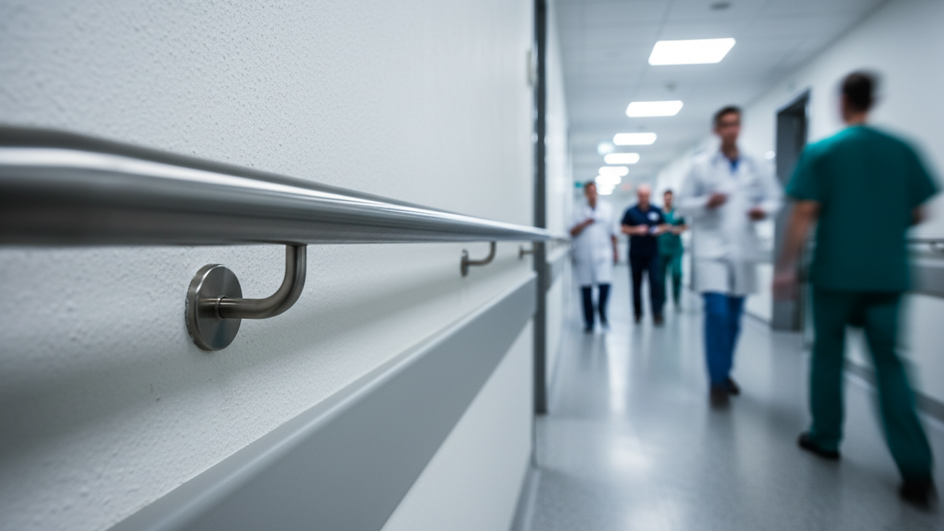 Close-up of a hospital hallway handrail in sharp focus, with healthcare staff walking in the background as blurred figures, conveying ongoing clinical activity in a modern hospital corridor.