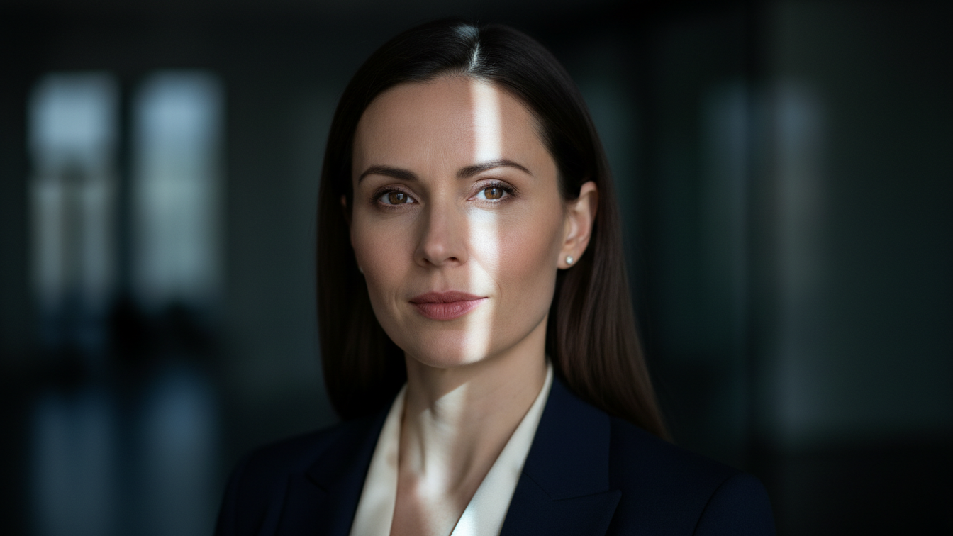 Professional woman in a business setting with dramatic lighting across her face, representing identity, trust, and the risk of impersonation attacks in social engineering. 