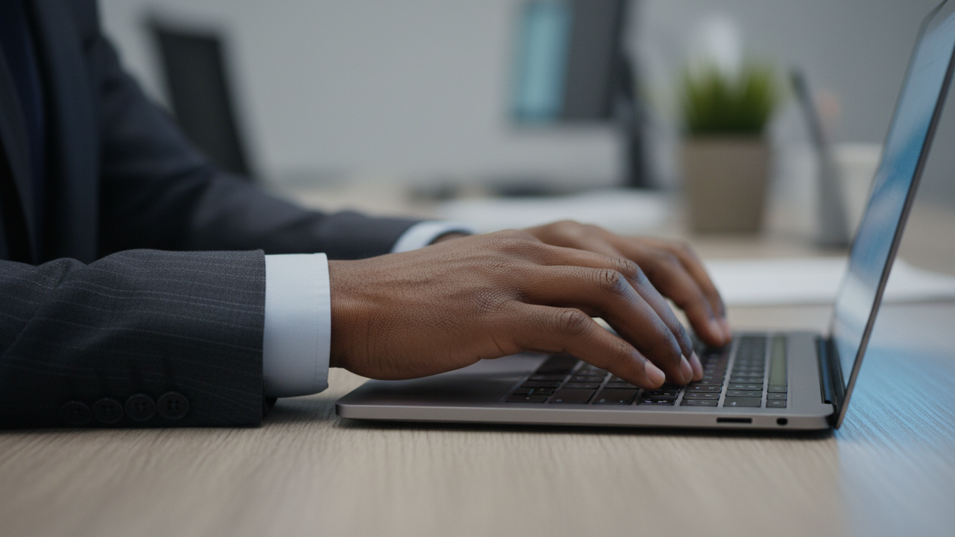 Employee typing on a laptop, representing routine business communication commonly exploited in impersonation-based social engineering attacks. 