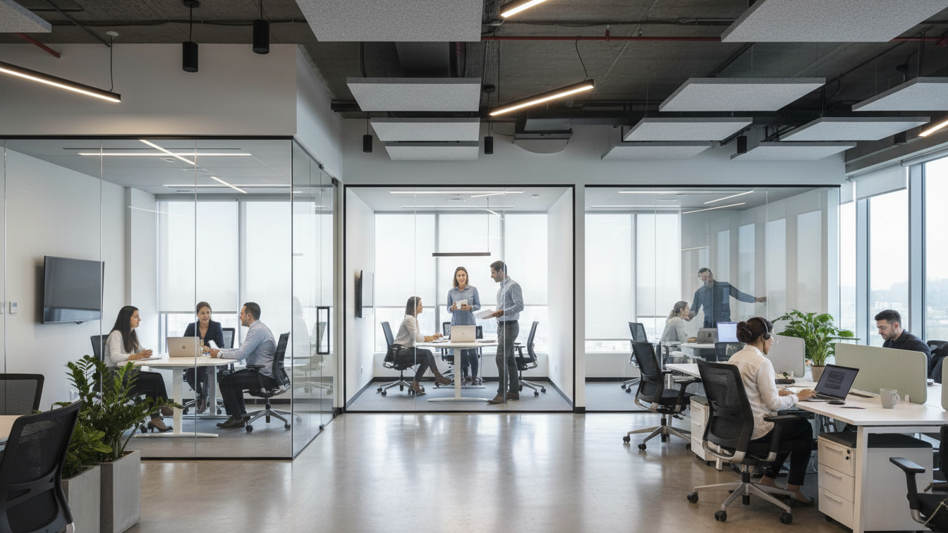 Employees working across an open office and meeting rooms, illustrating the organizational scale and collaboration targeted by modern impersonation attacks. 