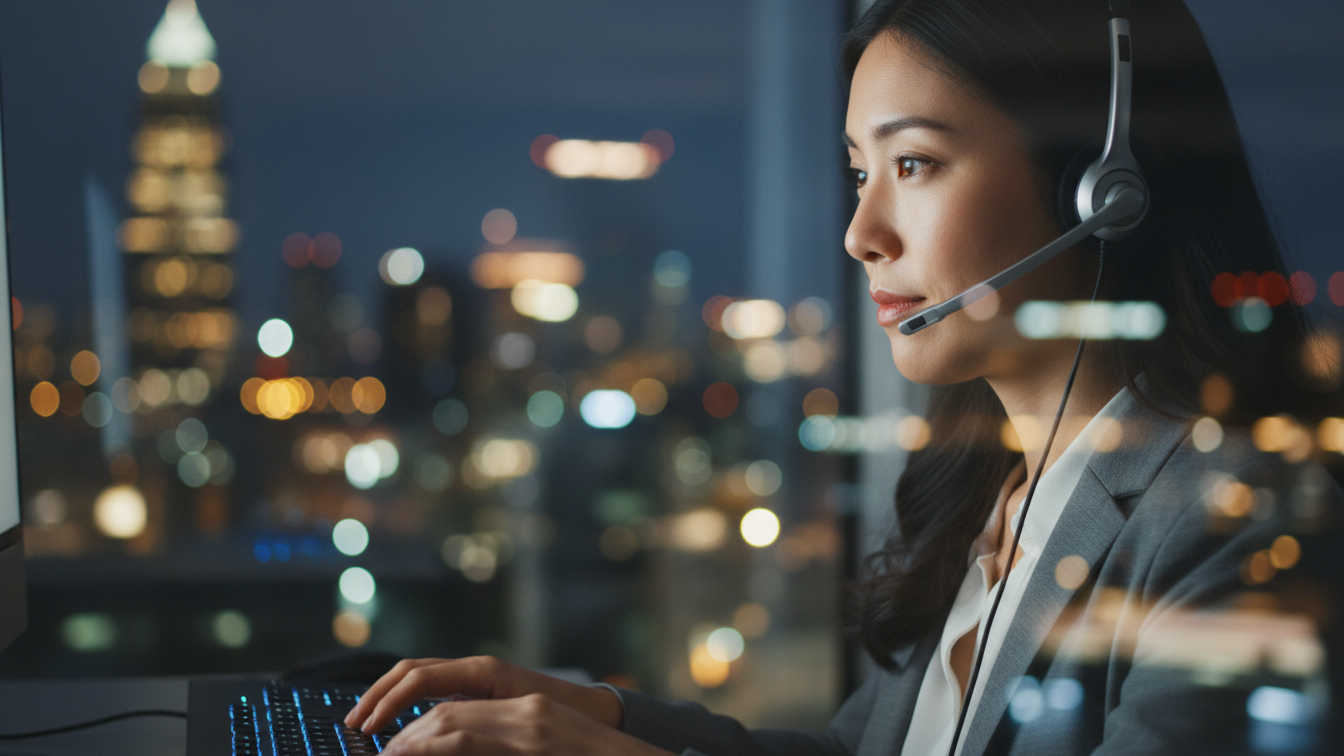 Business Process Outsourcing support agent using a headset in a modern office at night, illustrating user cyber risk in outsourced operations. 