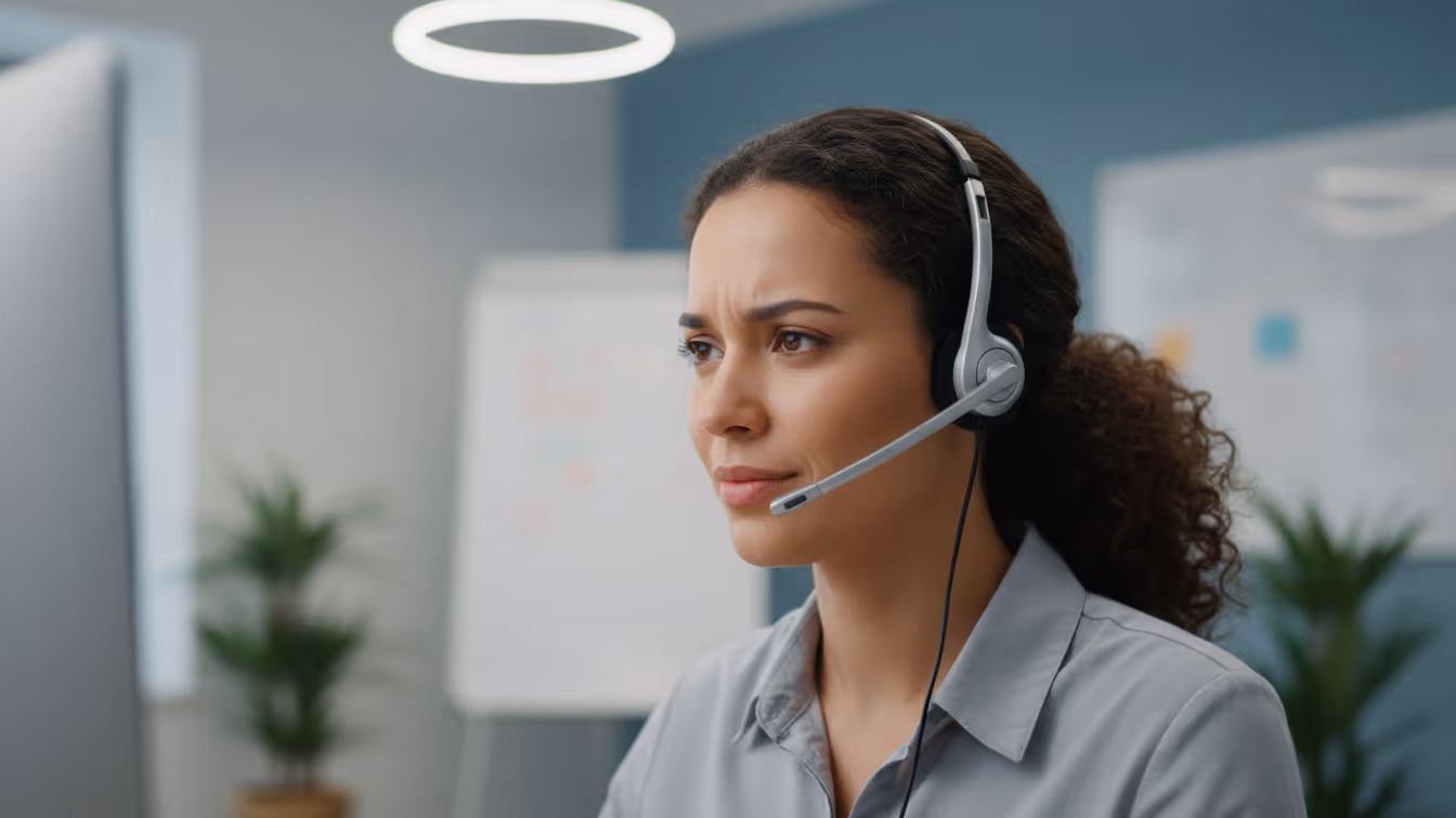 BPO customer support agent wearing a headset in an office environment, representing modern security risks in outsourced operations.