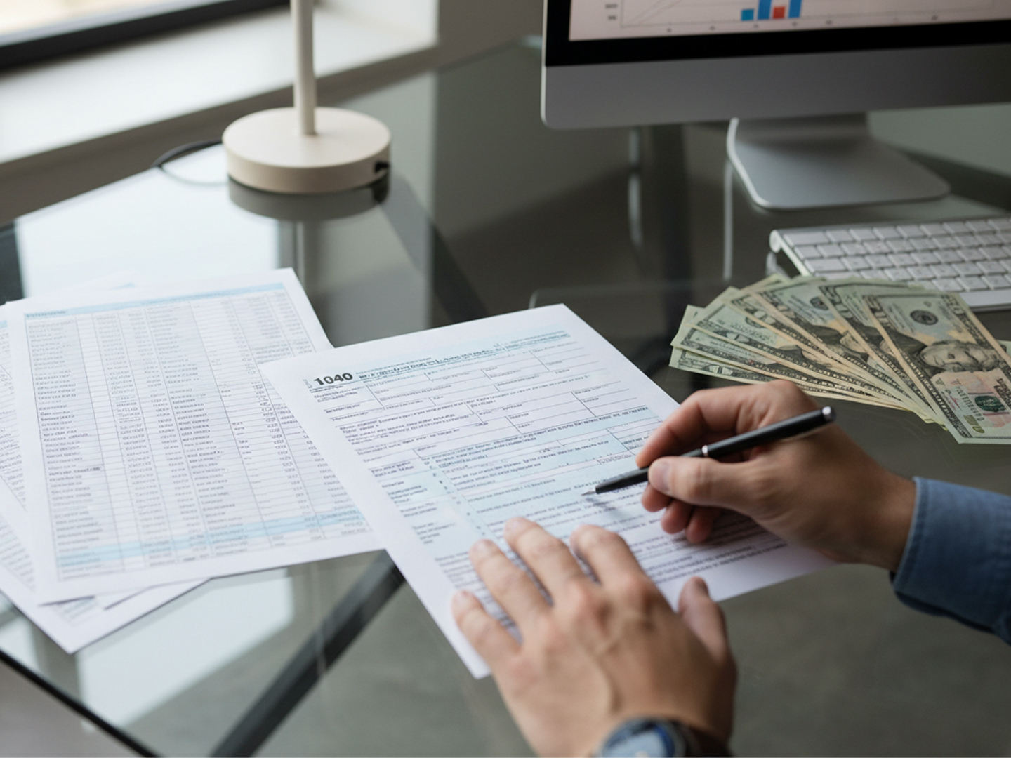 Person filing IRS 1040 tax return at office desk with financial paperwork and cash, representing tax season refund processing and tax scam risk.