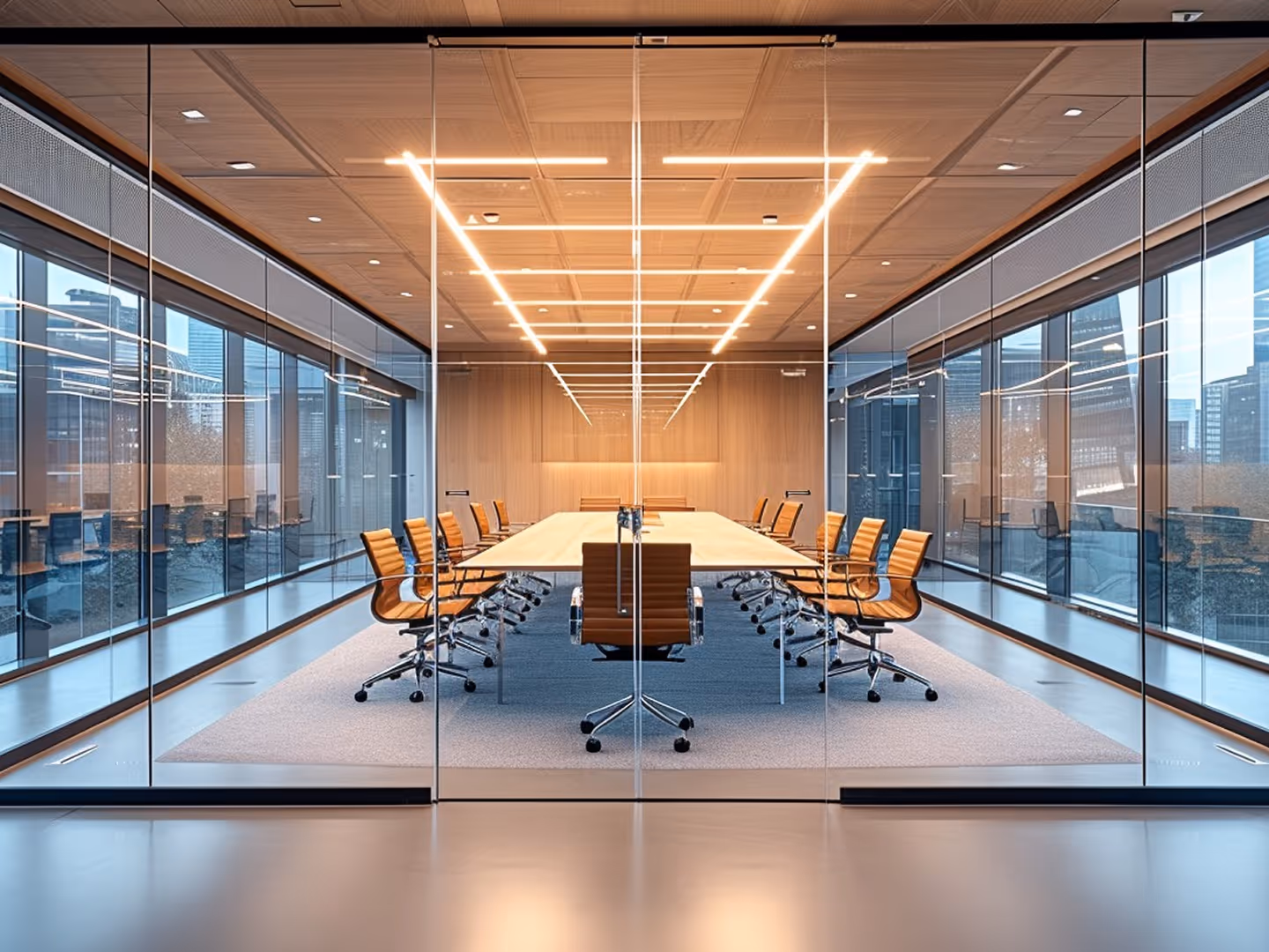 Modern corporate boardroom with a long conference table and executive chairs inside a glass-walled meeting space overlooking a city skyline, representing board-level governance and cybersecurity leadership discussions. 