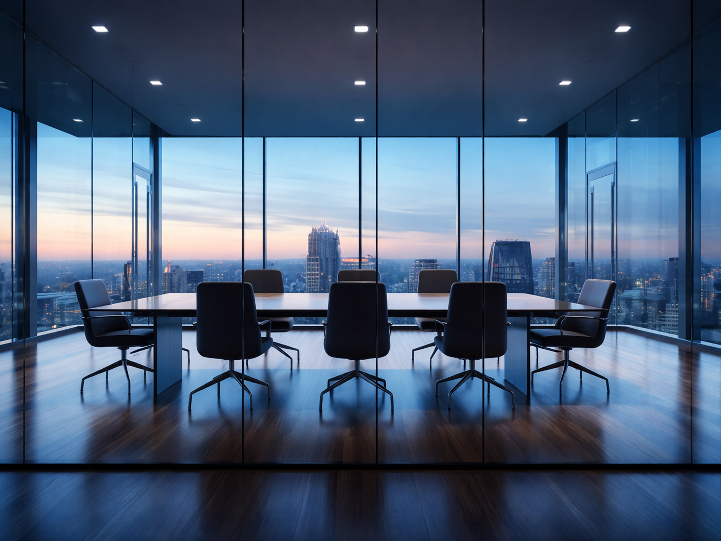 Modern executive boardroom with floor-to-ceiling glass walls overlooking a city skyline at dusk, featuring a long conference table surrounded by minimalist chairs in a sleek, contemporary office setting.