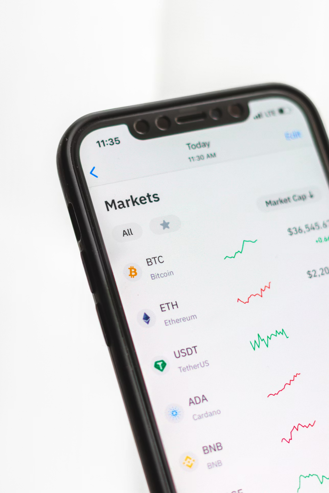 Phone showing a crypto markets list and price charts, like the trading apps mimicked in pig butchering scams