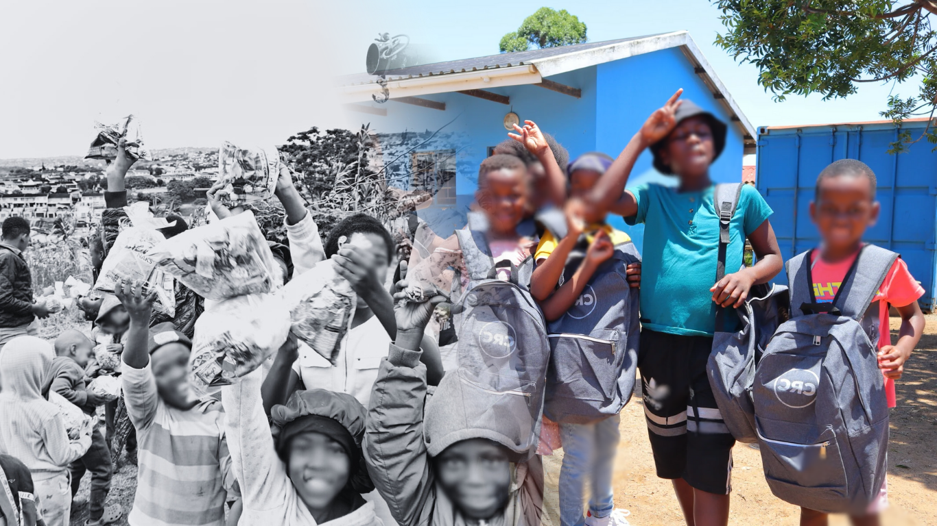 Children holding up food packages and school bags with a blue building in the background.