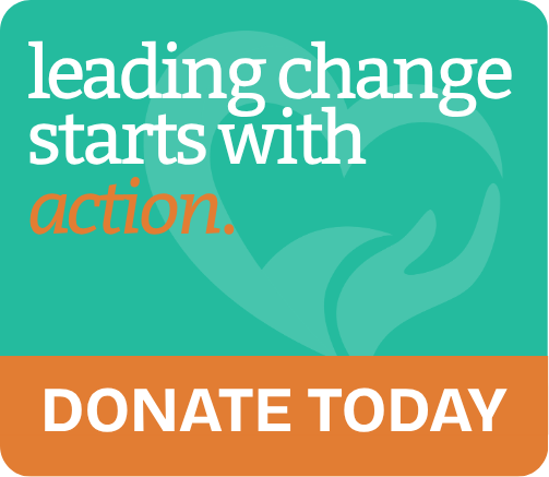 Graphic with text: leading change starts with action. Donate today button in orange.