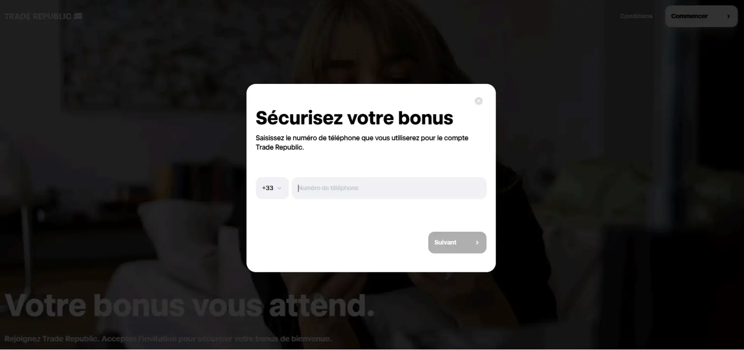 Écran d’inscription Trade Republic demandant le numéro de téléphone pour sécuriser le bonus de bienvenue
