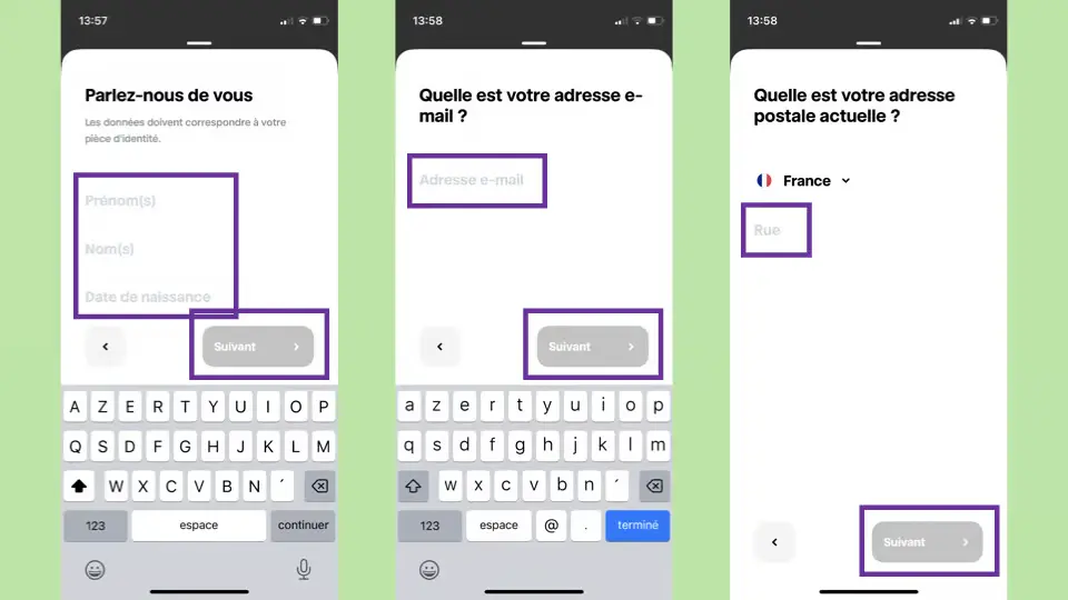 Formulaires d’inscription Trade Republic sur mobile : saisie des informations personnelles, adresse e-mail et adresse postale