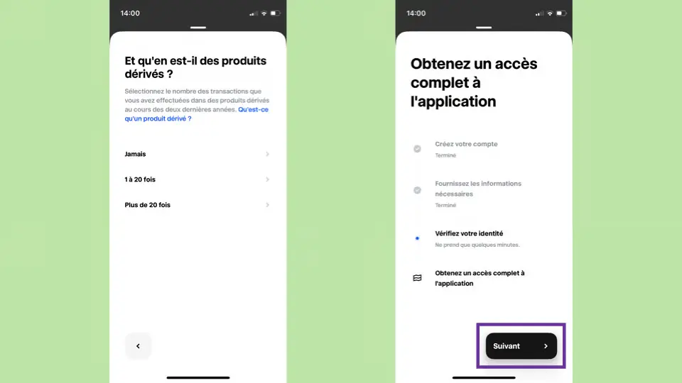Écrans d’inscription Trade Republic : déclaration de l’expérience sur produits dérivés et étape de vérification d’identité pour obtenir un accès complet à l’application