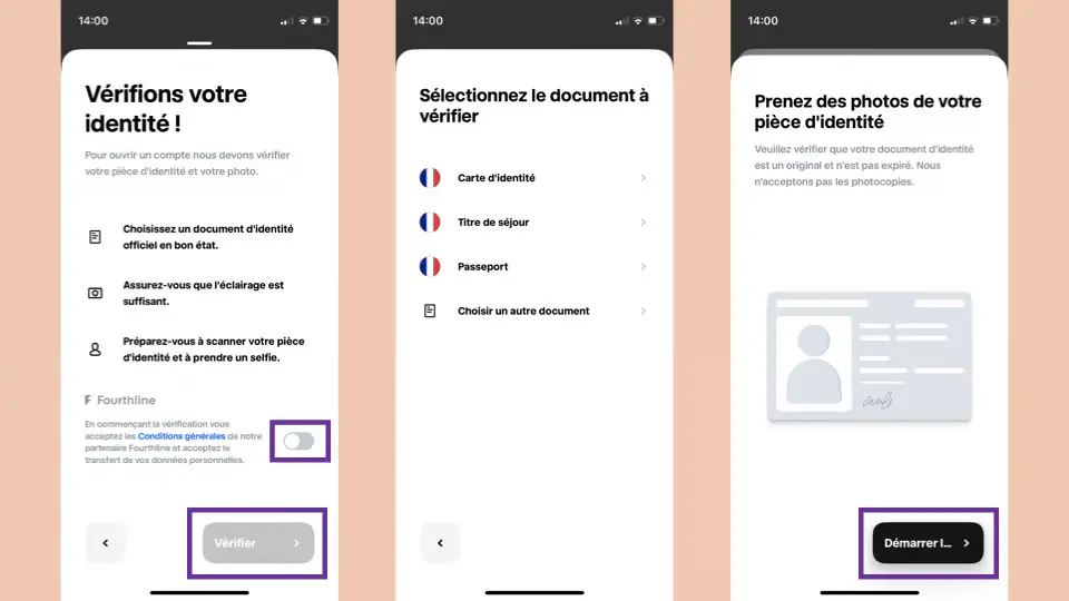 Étapes de vérification d’identité sur l’application Trade Republic : choix du document officiel (carte d’identité, titre de séjour, passeport) et prise de photos pour valider l’ouverture du compte