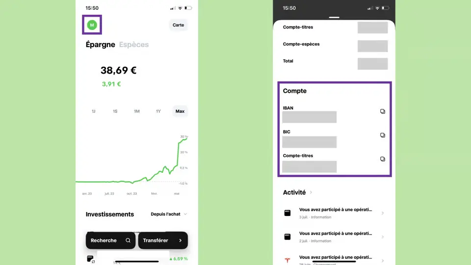 Interface de l’application Trade Republic affichant l’écran d’épargne avec graphique de performance et accès aux informations bancaires (IBAN, BIC) du compte utilisateur