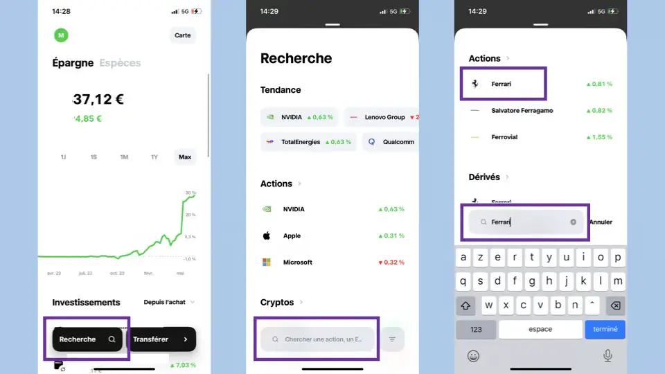 Étapes dans l’application Trade Republic pour rechercher et sélectionner l’action Ferrari afin de créer un plan d’investissement programmé (DCA)