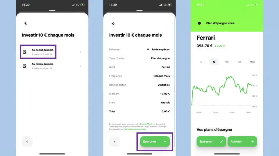 Validation d’un plan d’investissement programmé (DCA) de 10 € sur Trade Republic : choix de la date d’exécution, récapitulatif du plan et confirmation de création