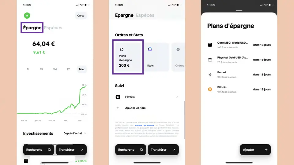 Suivi des plans d’épargne dans l’application Trade Republic : écran d’épargne, aperçu du montant investi et liste des plans actifs (MSCI World, or, Ferrari, Bitcoin)