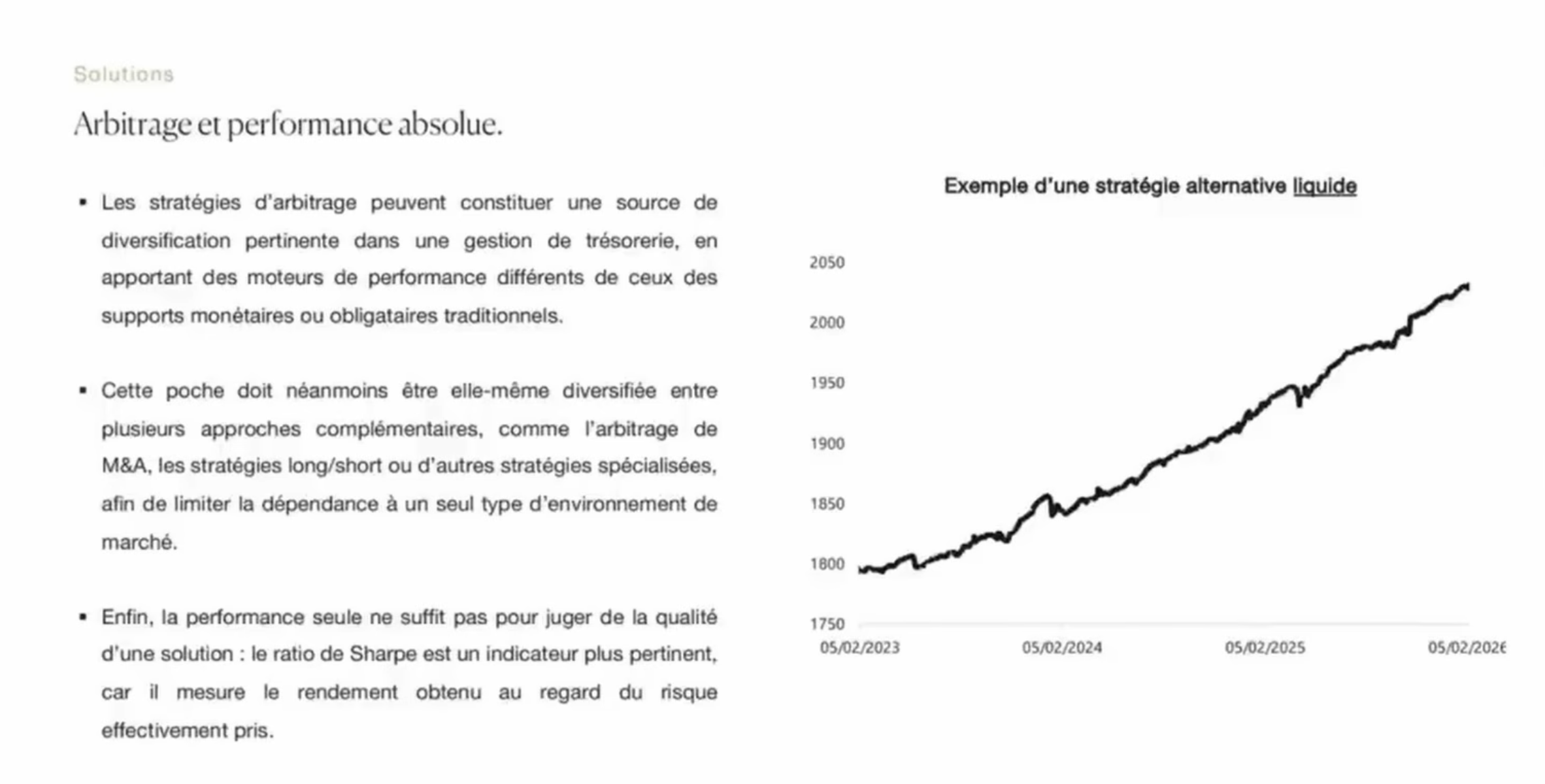 Slide Auguste Patrimoine sur l'arbitrage et la performance absolue : exemple d'une stratégie alternative liquide sur 3 ans