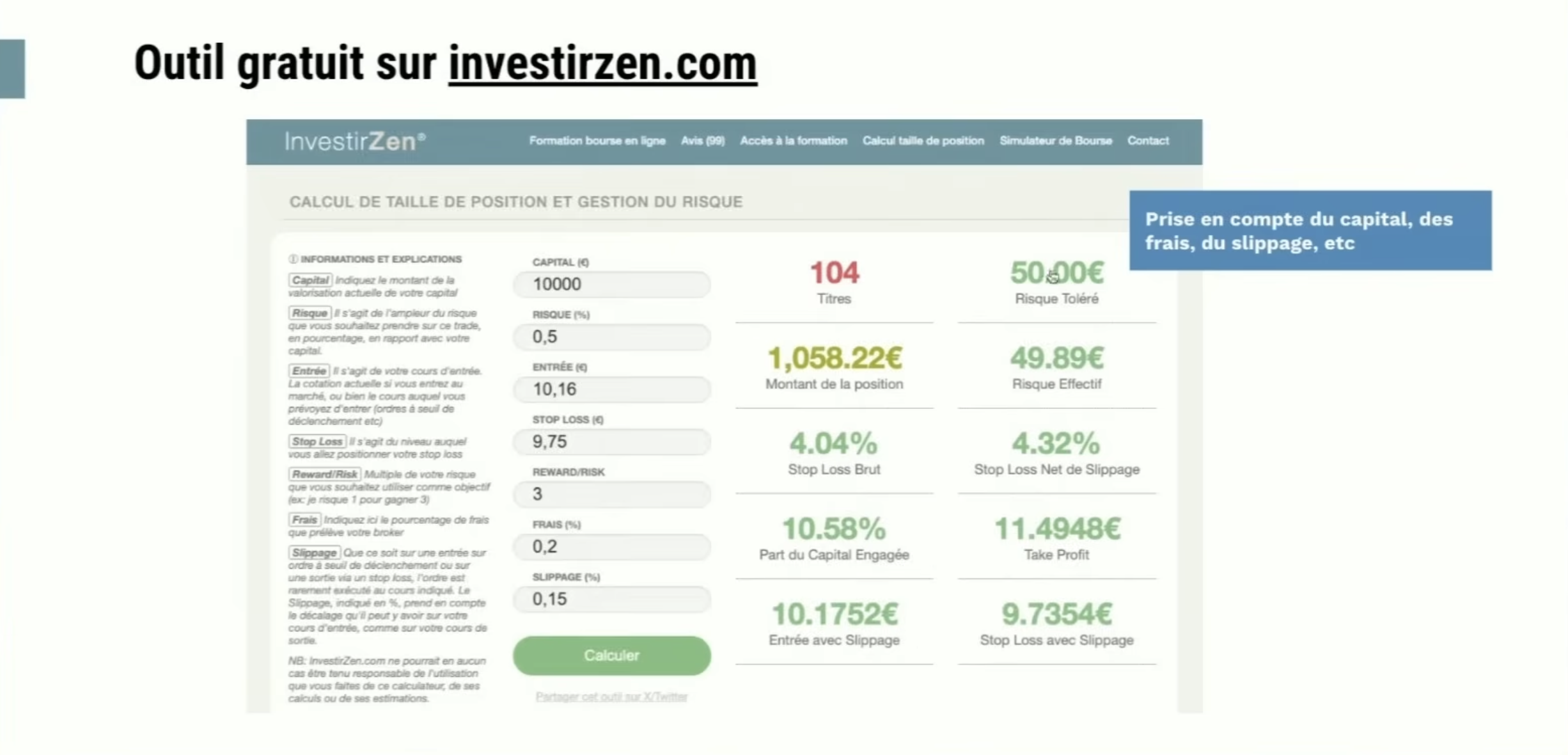 L'outil gratuit investirzen pour calculer sa taille de position et gestion du risque