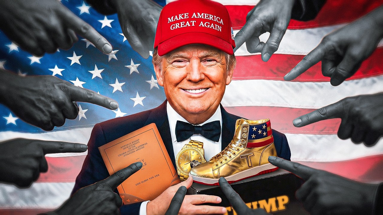 Donald Trump en casquette Make America Great Again, une Bible, une montre et une basket dorées dans les mains, montré du doigt de toutes parts