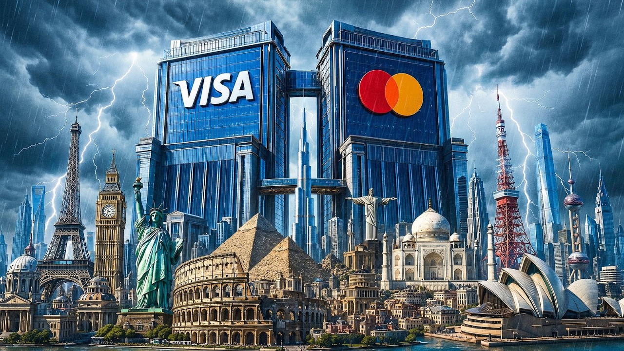 Les tours Visa et Mastercard dominant les monuments du monde entier sous un ciel d'orage