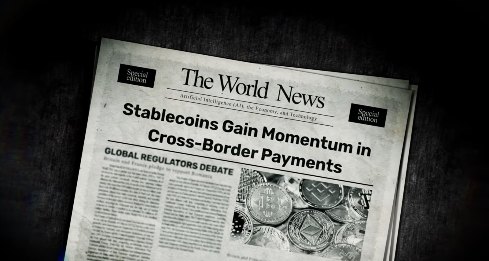 Une de journal titrant sur la montée des stablecoins dans les paiements transfrontaliers, avec des pièces Bitcoin et Ethereum